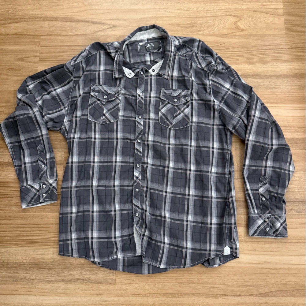 BKE Pearl Snap Shirt Button Up Gray Plaid Western Athletic Fit Size 3XL (xxxl)